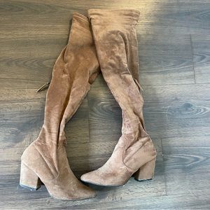 Camel Faux Suede Thigh High Heeled Boots